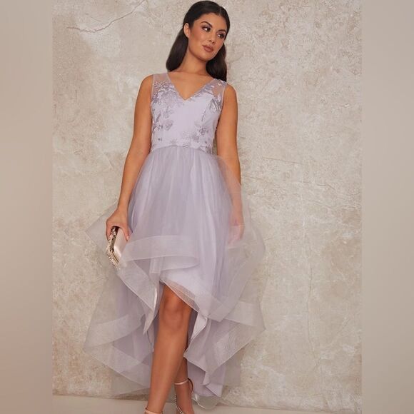 V Neck Mesh Skirt Dip Hem Midi Dress in Lilac - Picture 2 of 8